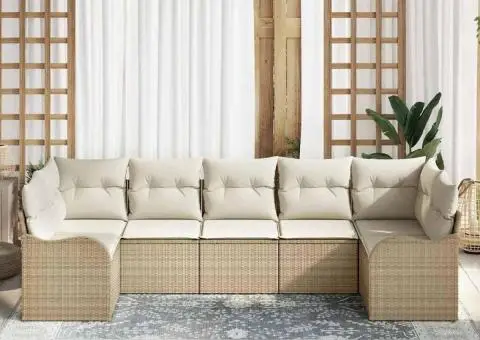 Set de canapea de grădină cu 7 piese și perne din ratan poliesteric bej - 3/5