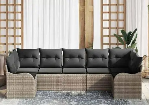 Set canapea pentru grădină din 7 piese cu perne gri deschis din ratan poli - 3/5