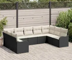 Set de canapea de grădină 9 piese cu perne Negru Ratan Poly