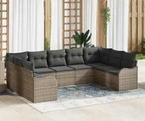 Set de canapea de grădină modulară de 9 piese cu perne Gri, Ratan Poli