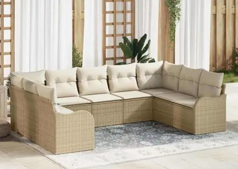 Set de canapea de grădină 9 piese cu perne bej din ratan poli - 1/5