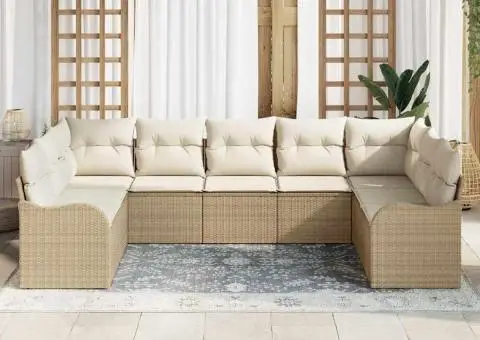 Set de canapea de grădină 9 piese cu perne bej din ratan poli - 3/5