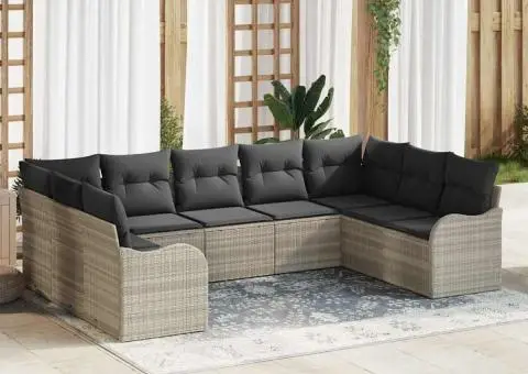 Set de Canapea de Grădină cu 9 Piese cu Pernuțe Gri Deschis din Ratan Poli - 1/5