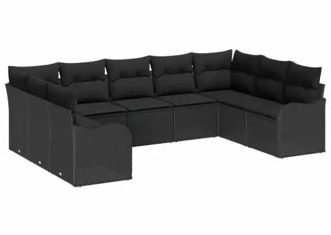 Set de canapea de grădină cu 9 piese și perne, ratan poli, negru - 2/5
