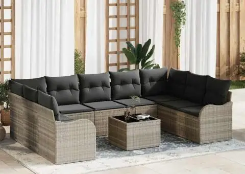 Set de Canapea de Grădină cu 10 Piese și Perne Gri din Ratan Polimeric - 1/5