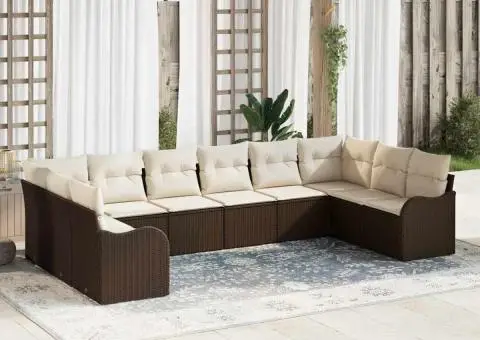 Set de canapele de grădină cu 10 piese și perne maro din ratan poli - 1/5