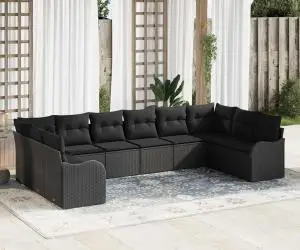 Set de canapea de grădină vidaXL 10 piese cu perne Negru Poliratan