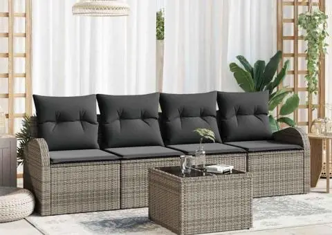 Set de Canapea pentru Grădină 5 Piese cu Perne Gri din Ratan Poly - 1/5