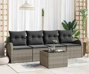 vidaXL Set de Canapea pentru Grădină 5 Piese cu Perne Gri din Ratan Poly