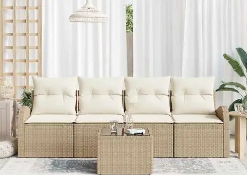 Set Canapea Grădină 5 Piese cu Perne Bej Ratan Poli - 3/5