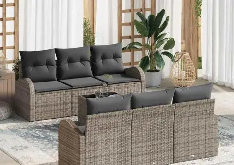 Set Canapea Grădină 7 Piese cu Perne Gri Ratan Poli - 1/5