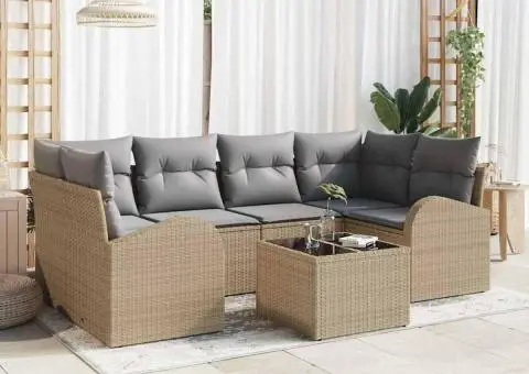 Set Canapea Grădină 7 Piese cu Pernițe Bej Poli Ratan - 1/5