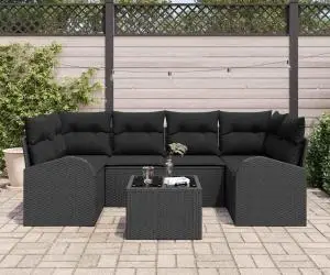 vidaXL Set de 7 Piese Canapea de Grădină cu Perne Negru Poli Ratan