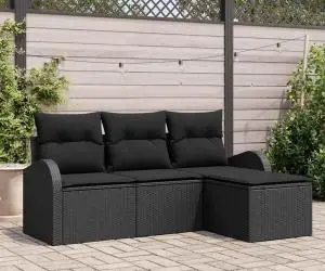 vidaXL Set de canapea de grădină 4 piese cu perne Negru Ratan polimeric