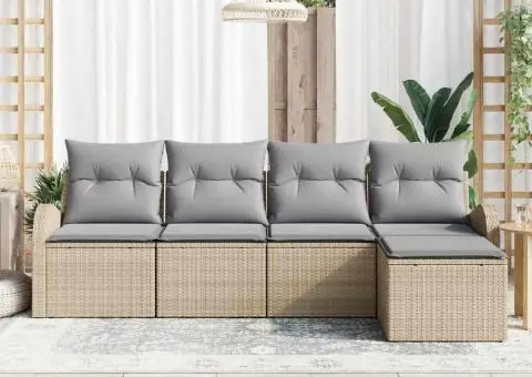 Set Canapea de Grădină de 5 Piese cu Pernuțe Bej Ratan Polimer - 3/5