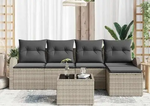 Set canapea de grădină 6 piese cu perne gri din poliratan - 3/5