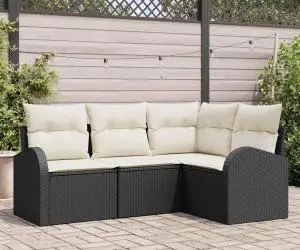 vidaXL Set canapea 4 piese cu perne ratan poli negru