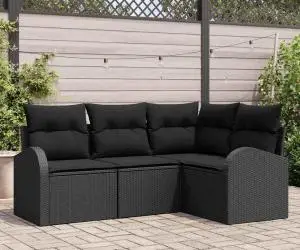 vidaXL Set de canapea grădină 4 piese cu perne Negru Ratan poli