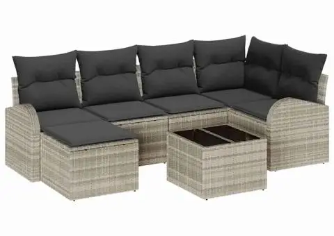 Set Canapea Grădină de 7 Piese cu Perne Gri Ratan Poli - 2/5