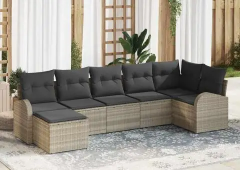 Set de canapea de grădină 7 piese cu perne gri deschis din ratan - 1/5