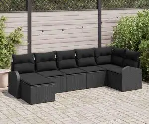 vidaXL Set de canapea de grădină 7 piese cu perne Poliratan negru