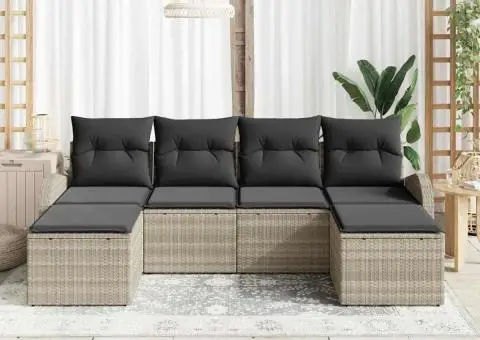 Set 6 piese canapea grădină cu perne gri deschis din ratan poliester - 3/5