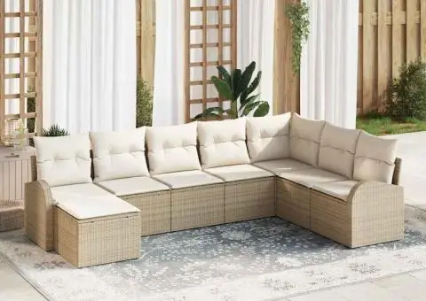 Set de canapea pentru grădină 8 piese cu perne Bej din ratan poliester - 1/5