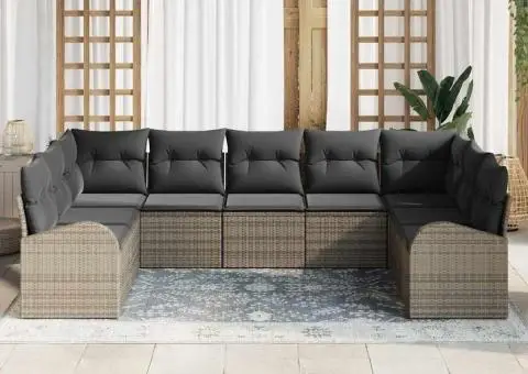 Set de canapele de grădină în 9 piese cu perne Gri Poliratan - 3/5