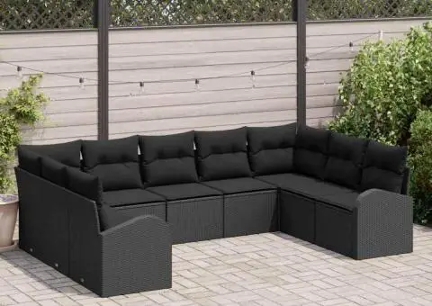 Set de canapea pentru grădină cu 9 piese și perne negre din ratan poli - 1/5