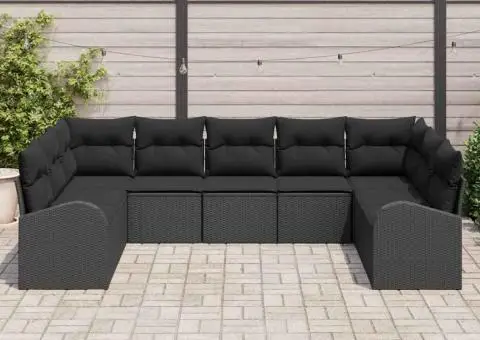 Set de canapea pentru grădină cu 9 piese și perne negre din ratan poli - 3/5