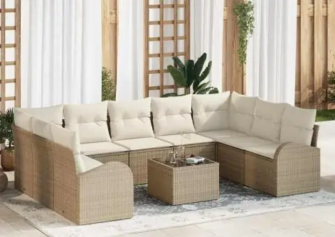 Set de canapea de grădină 10 piese cu perne bej ratan poli - 1/5