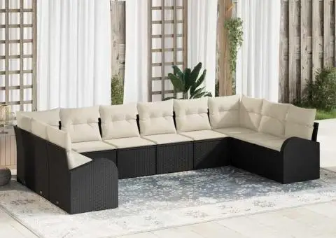 Set de canapea de grădină cu 10 piese și perne din rattan polyester negru - 1/5