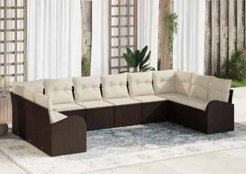 Set de canapele de grădină cu 10 piese cu perne din ratan poliester maro - 1/5