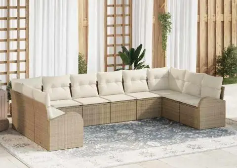 Set de canapele pentru grădină cu 10 piese și perne - rattan poli bej - 1/5