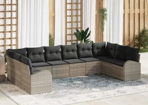 Set de canapea de grădină cu 10 piese și perne în gri deschis din poliratan - 1/5