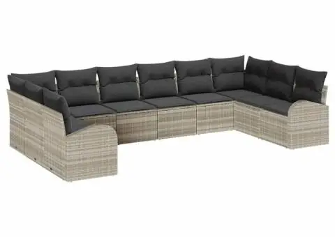 Set de canapea de grădină cu 10 piese și perne în gri deschis din poliratan - 2/5