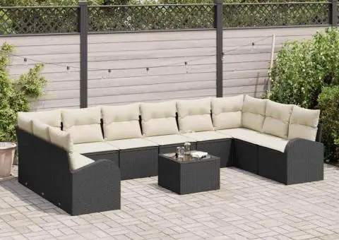 Set de canapea de grădină cu 10 piese și perne din rattan poli, negru. - 3/5