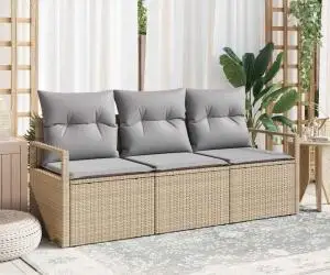 Set de Canapele de Grădină vidaXL în 3 Piese cu Perne Bej Ratan Poliester