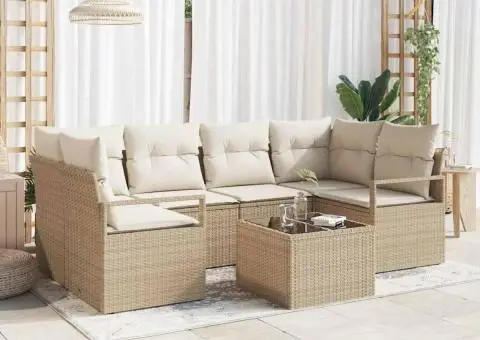 Set 7 Piese Canapea Grădină cu Pernă Bej Ratan Polimeric - 1/5