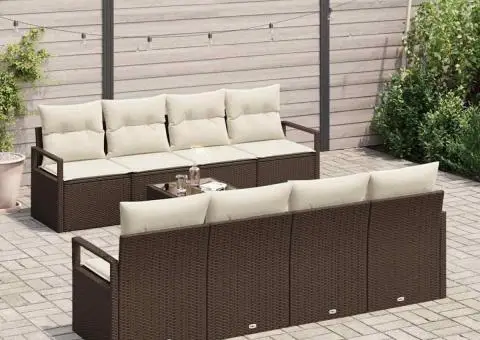 Set Grădină 9 Piese cu Pernă Maro Ratan Poli - 3/5