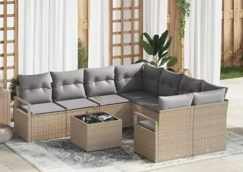 Set canapele grădină cu 9 piese și pernuțe Bej din poliratan - 1/5