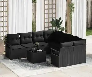 Set Canapele Grădină vidaXL 9 Piese cu Perne Negru Ratan Poli