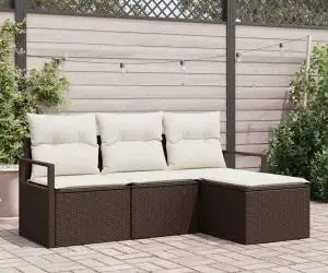Set canapea vidaXL 4 piese cu perne Maro Ratan Polimeric