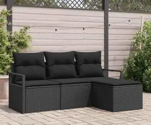 Set de Canapele de Grădină vidaXL cu Pernă Neagră din Ratan Polimer