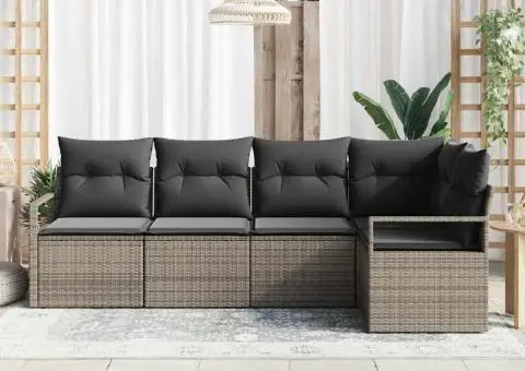 Set Canapea Grădină 5 Piese cu Perne Gri Ratan Poli - 3/5