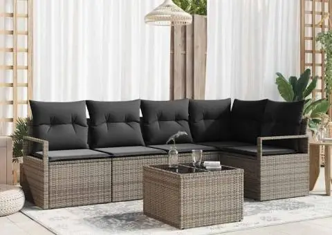 Set Canapea de Grădină de 5 Piese cu Pernuțe Negru Ratan Poli - 1/5