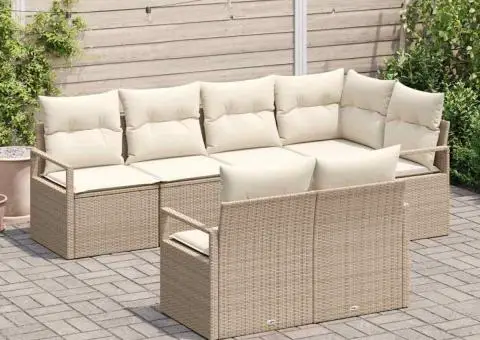 Set 7 piese grădină cu perne din poliester Bej și poliratan - 3/5