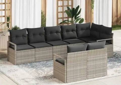 Set de canapea de grădină cu 8 piese cu perne gri deschis din ratan poli - 1/5