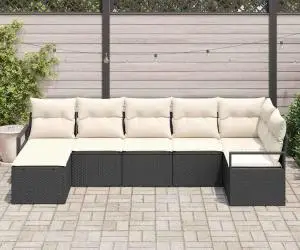 Set canapea grădină vidaXL pernuțe, 7 piese, ratan poliester negru