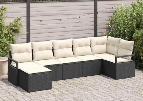 Set canapea grădină pernuțe, 7 piese, ratan poliester negru - 3/5